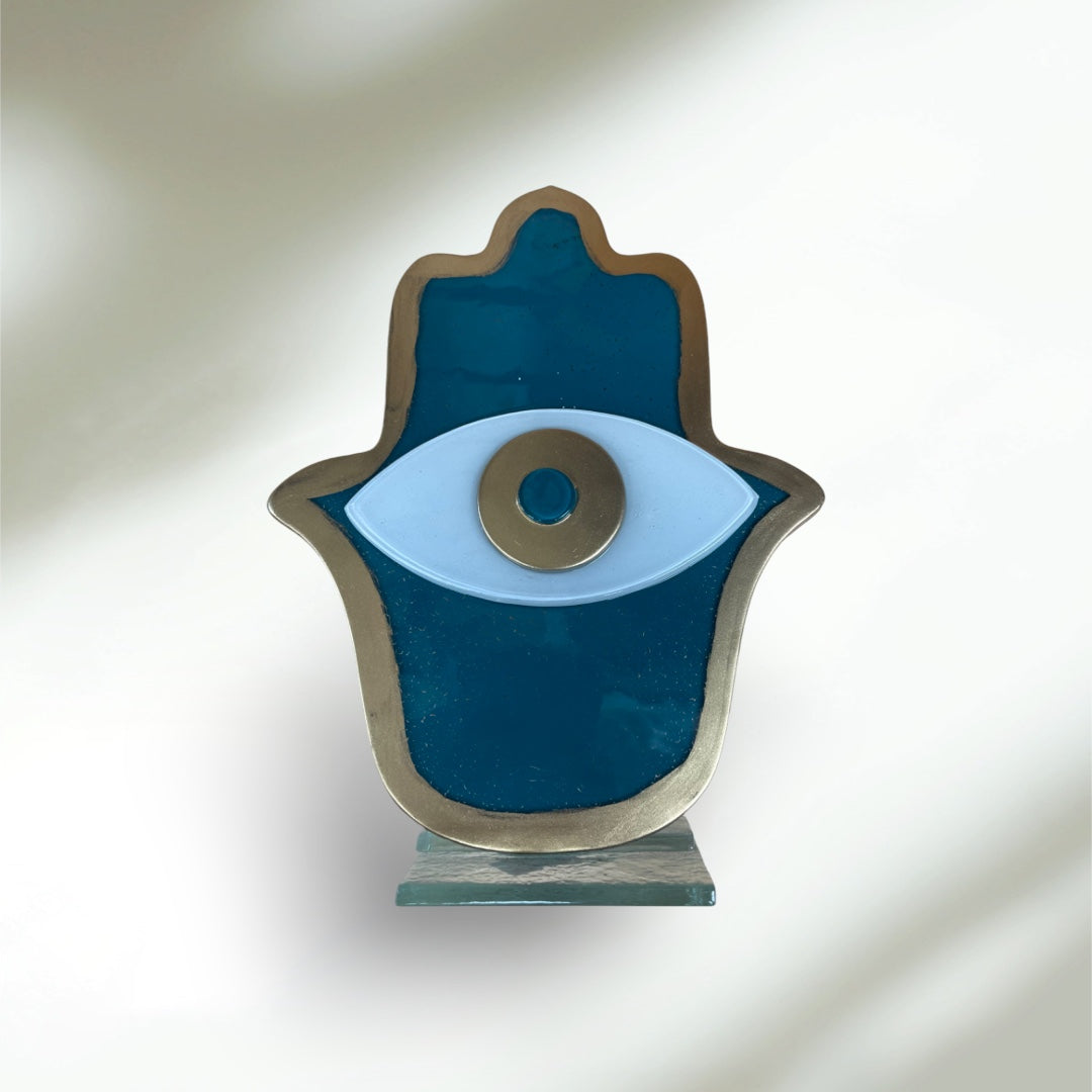 Hamsa, Evil Eye, Turquoise Hamsa with Gold Trim, Handcrafted Fused Glass, Evil Eye Table Accent