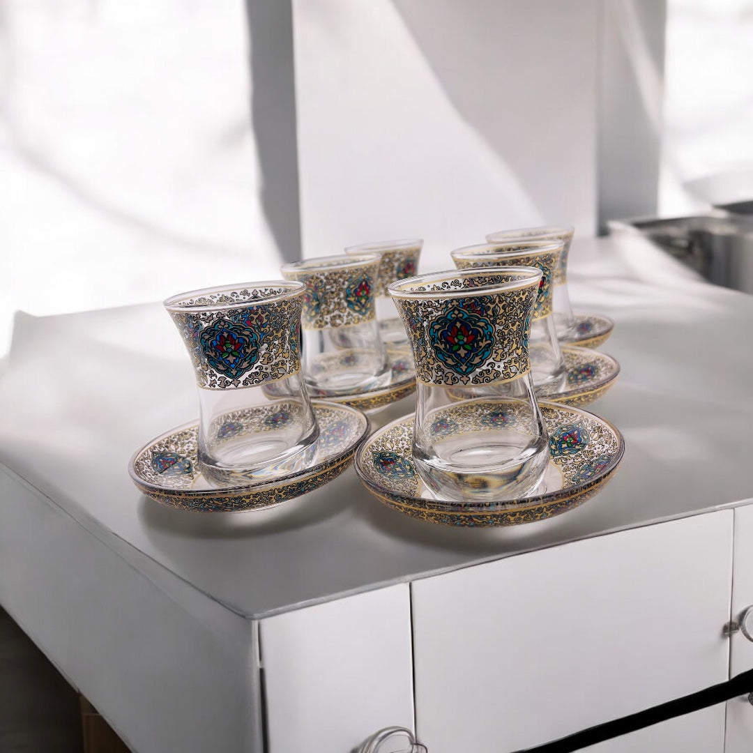 Interactive Turkish Design Tea and Coffee Glass Set – Elegant Cups and Saucers