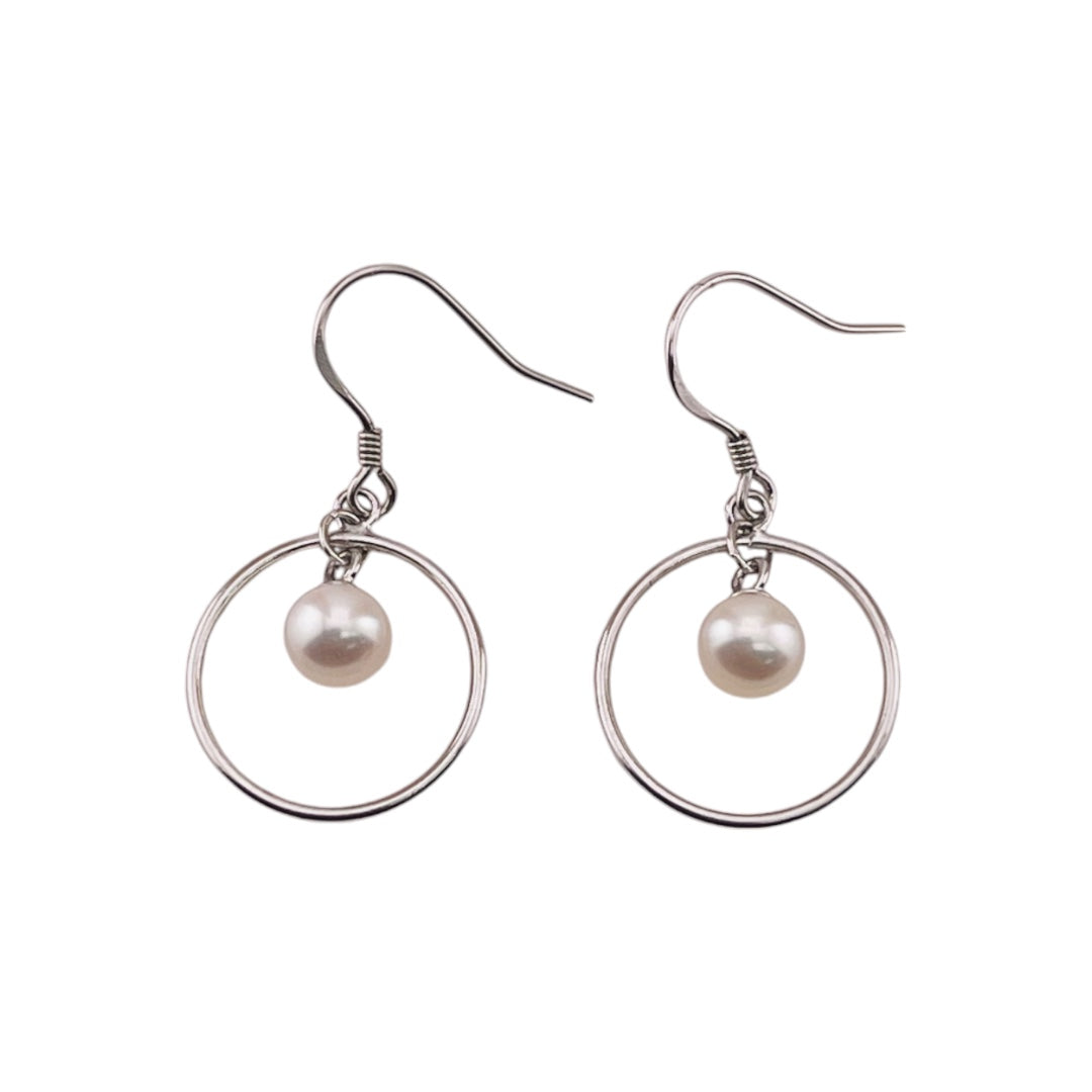 Sterling Silver Round Loop Earrings, Freshwater Pearl Drop,  Delicate Petite Pearl Earrings, Elegant Gift