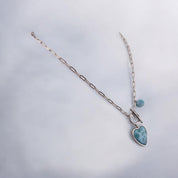 Sterling Silver Larimar Heart Pendant Necklace with Round Larimar Accent and Paper Clip Chain