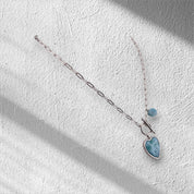 Sterling Silver Larimar Heart Pendant Necklace with Round Larimar Accent and Paper Clip Chain