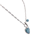 Sterling Silver Larimar Heart Pendant Necklace with Round Larimar Accent and Paper Clip Chain